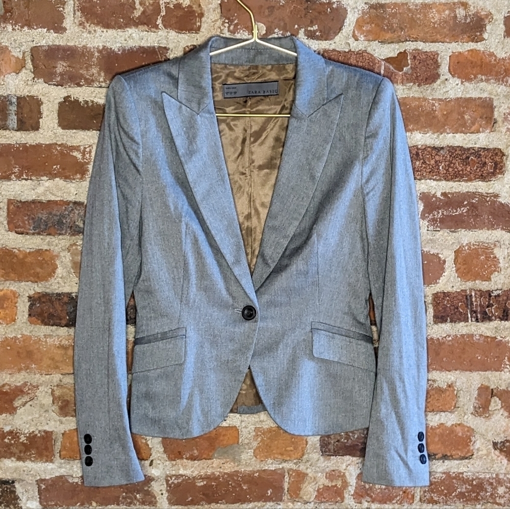 Zara Basics Medium Gray 1 Button Fitted Blazer Jacket